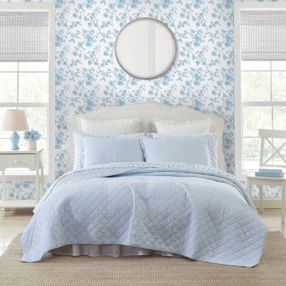 Laura Ashley Light Blue Oxford Striped Quilted Full/Queen Bedding Set ~ NWT